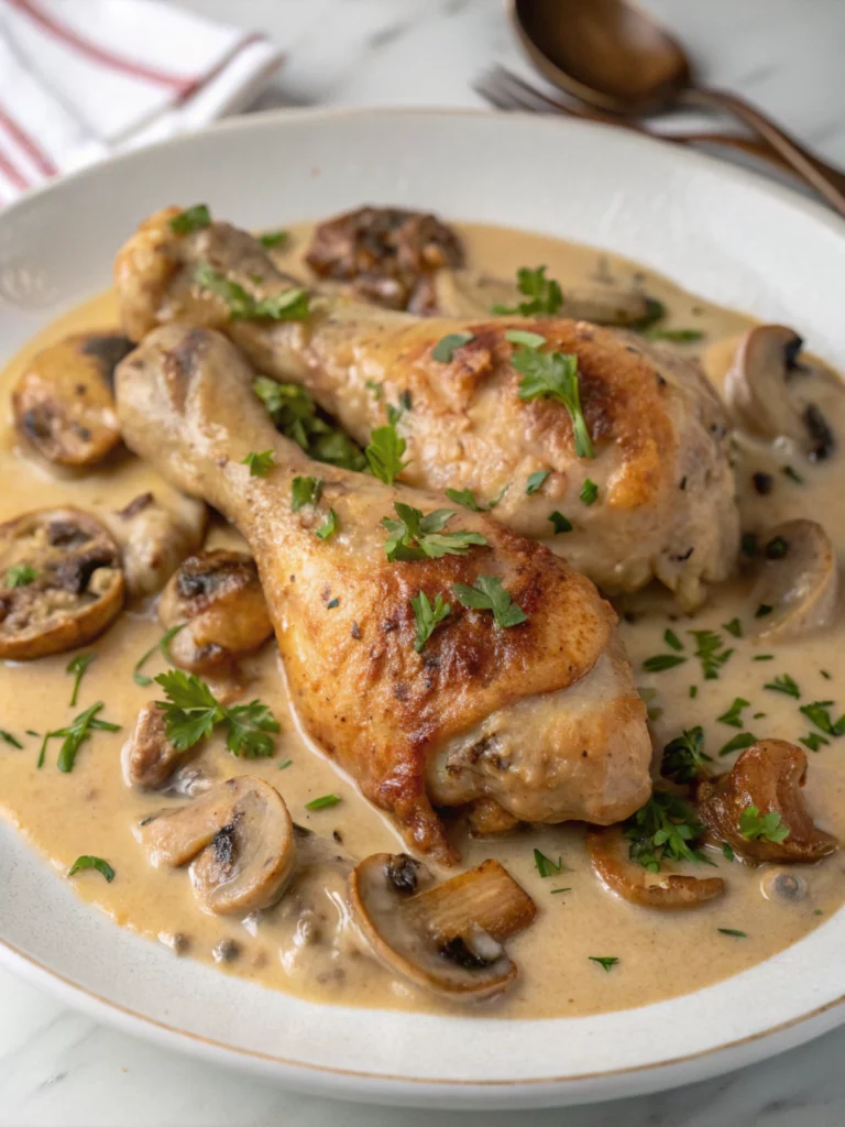 Easy Creamy Mushroom Baked Chicken Legs