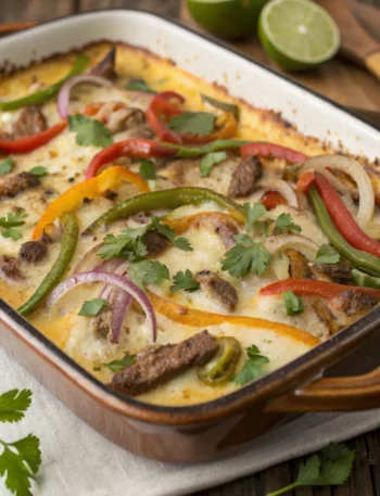 Easy Queso Smothered Fajita Casserole