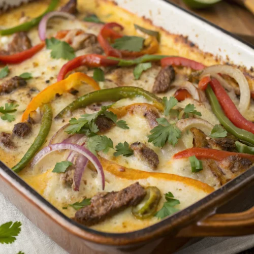 Easy Queso Smothered Fajita Casserole