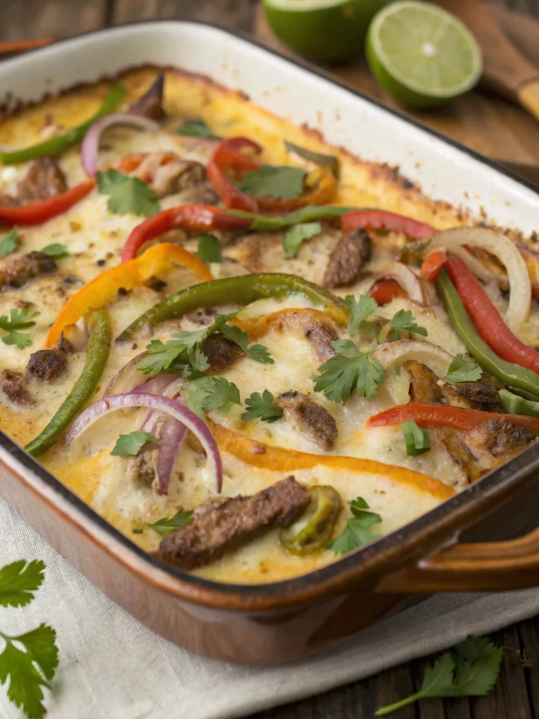 Easy Queso Smothered Fajita Casserole
